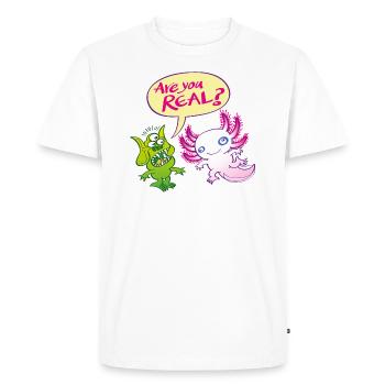 Alien surprised wonders if the axolotl is real - Men's Premium Organic T-Shirt - white - Front - Nico (187cm)