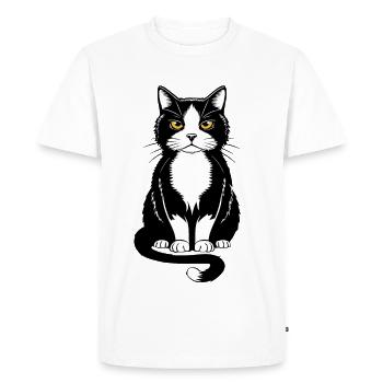 Illustration d’un chat noir et blanc aux yeux jaunes - T-shirt Premium bio Homme - blanc - Devant - Nico (187cm)
