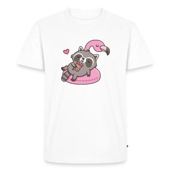 Cute Raccoon Chilling On Flamingo Pool Float - Men's Premium Organic T-Shirt - white - Front - Nico (187cm)