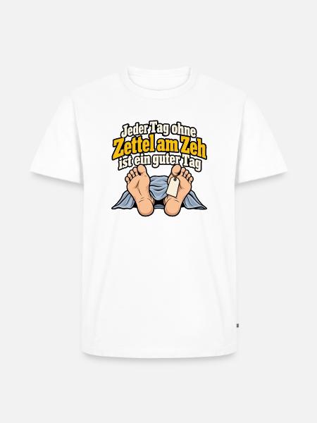Zettel am Zeh – Schwarzer Humor - Männer Premium Bio T-Shirt - Weiß