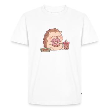 Cute Hedgehog Eating Donut Cookies And Boba Tea - Men's Premium Organic T-Shirt - white - Front - Nico (187cm)