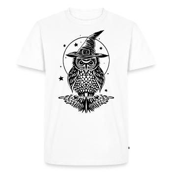 Owl with witch hat and stars in autumn - Men's Premium Organic T-Shirt - white - Front - Nico (187cm)