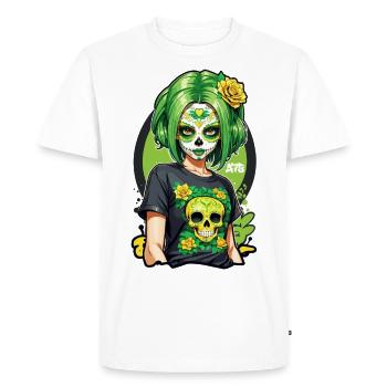 Sugar Skull Girl with Green Hair & Single Roses - Men's Premium Organic T-Shirt - white - Front - Nico (187cm)