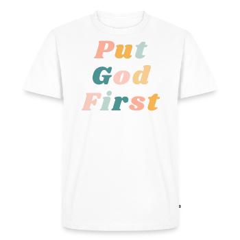 Put God First - Happy Colorful Vibe Christian - Men's Premium Organic T-Shirt - white - Front - Nico (187cm)