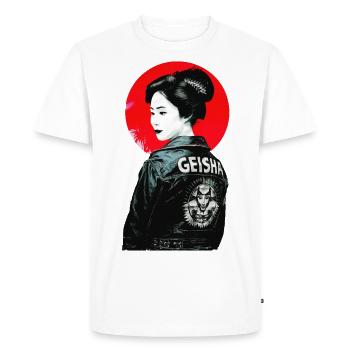 Geisha Motorcycle - T-shirt japonais rétro urbain geek - T-shirt Premium bio Homme - blanc - Devant - Nico (187cm)