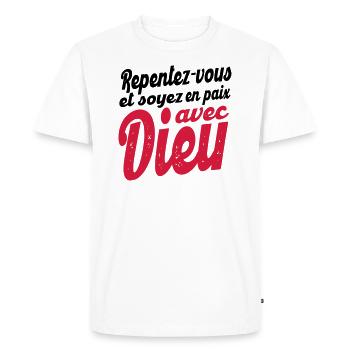 Soyez en paix avec Dieu - T-shirt Premium bio Homme - blanc - Devant - Nico (187cm)