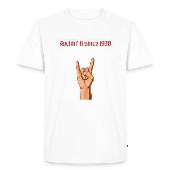 Rockin it since 1938 Heavy Metal Birthday Greeting - Men's Premium Organic T-Shirt - white - Front - Nico (187cm)