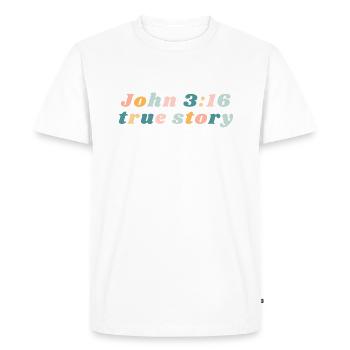 Jean 3:16 Histoire vraie Happy Colorful Vibe Christian - T-shirt Premium bio Homme - blanc - Devant - Nico (187cm)