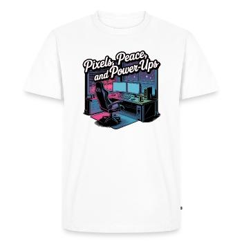 Pixels, Peace & Power-Ups – Gaming Setup - Men's Premium Organic T-Shirt - white - Front - Nico (187cm)