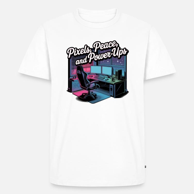 Pixels, Peace & Power-Ups – Gaming-Setup - Männer Premium Bio T-Shirt - Weiß