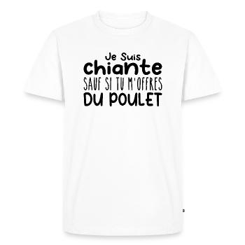 Femme qui adore : Poulet. Design Drôle Humour - T-shirt Premium bio Homme - blanc - Devant - Nico (187cm)
