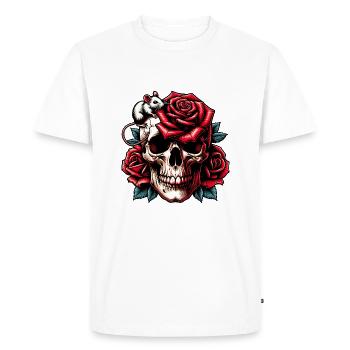 Crâne avec des roses rouges, des vrilles de rose et une souris - T-shirt Premium bio Homme - blanc - Devant - Nico (187cm)
