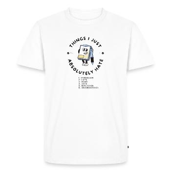 Caricature de liste d’ironie - T-shirt Premium bio Homme - blanc - Devant - Nico (187cm)