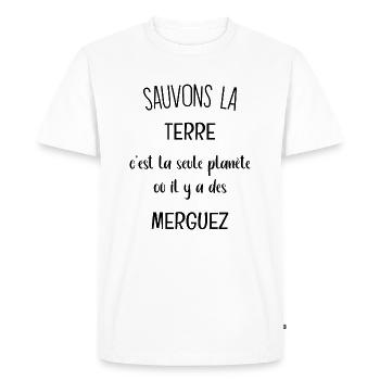 "T-Shirt "Sauvons la Terre" avec Merguez" - T-shirt Premium bio Homme - blanc - Devant - Nico (187cm)