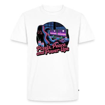 Pixels, Peace & Power-Ups – Gaming Setup - Men's Premium Organic T-Shirt - white - Front - Nico (187cm)