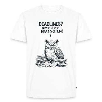 Lazy Owl Saying – Deadlines? Never heard of it! - Men's Premium Organic T-Shirt - white - Front - Nico (187cm)