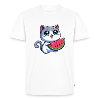 Cute cat eats watermelon - Men's Premium Organic T-Shirt - white - Front - Nico (187cm)