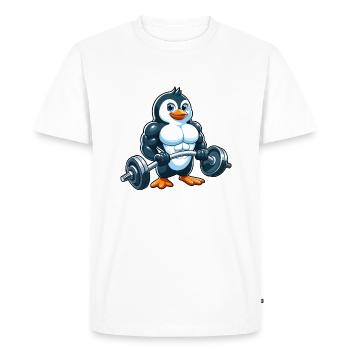 Dessin animé de bande dessinée d’haltérophilie de pingouin fort - T-shirt Premium bio Homme - blanc - Devant - Nico (187cm)