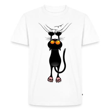 Mème de chat drôle accroché à un rideau en tissu - T-shirt Premium bio Homme - blanc - Devant - Nico (187cm)