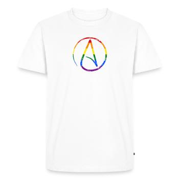 Logo de l’athéisme avec drapeau arc-en-ciel LGBT athée - T-shirt Premium bio Homme - blanc - Devant - Nico (187cm)