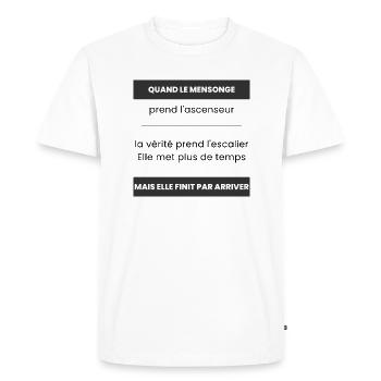 quand le mensonge prend l'ascenseur - T-shirt Premium bio Homme - blanc - Devant - Nico (187cm)