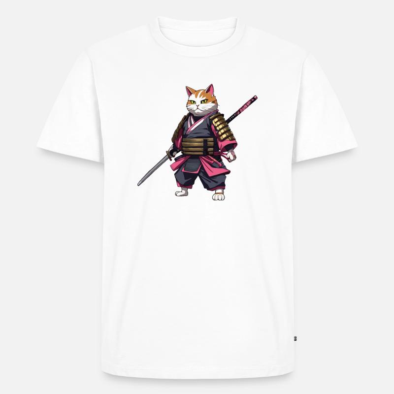 Samurai Katze & Kirschblüten #3 - Männer Premium Bio T-Shirt - Weiß