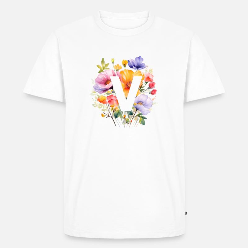 V Monogramm , bunter Blumenstrauss - Männer Premium Bio T-Shirt - Weiß