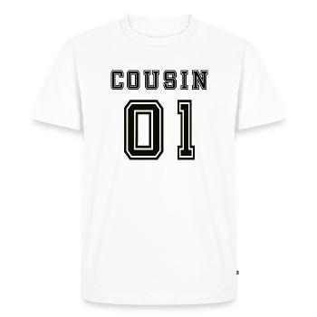 Cousin01 cadeau original humour anniversaire - T-shirt Premium bio Homme - blanc - Devant - Nico (187cm)