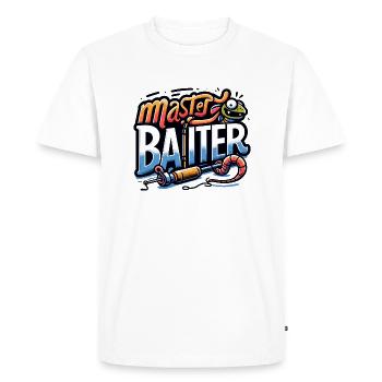 Humorous 'Master Baiter' Fishing Themed T-Shirt - Men's Premium Organic T-Shirt - white - Front - Nico (187cm)