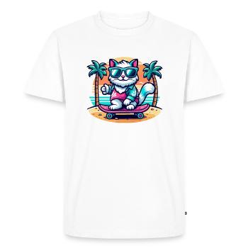 Chat sur une planche à roulettes sur la plage - T-shirt Premium bio Homme - blanc - Devant - Nico (187cm)