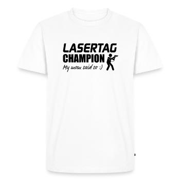 Champion de Laser Tag Ma Maman triste tellement - T-shirt Premium bio Homme - blanc - Devant - Nico (187cm)