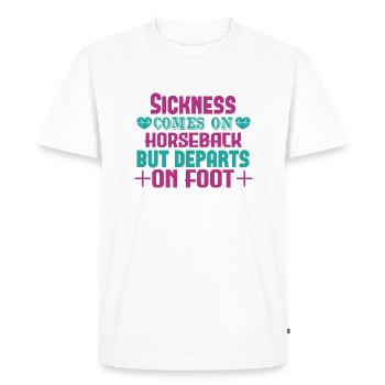 LA MALADIE ARRIVE À CHEVAL MAIS PART À PIED - T-shirt Premium bio Homme - blanc - Devant - Nico (187cm)
