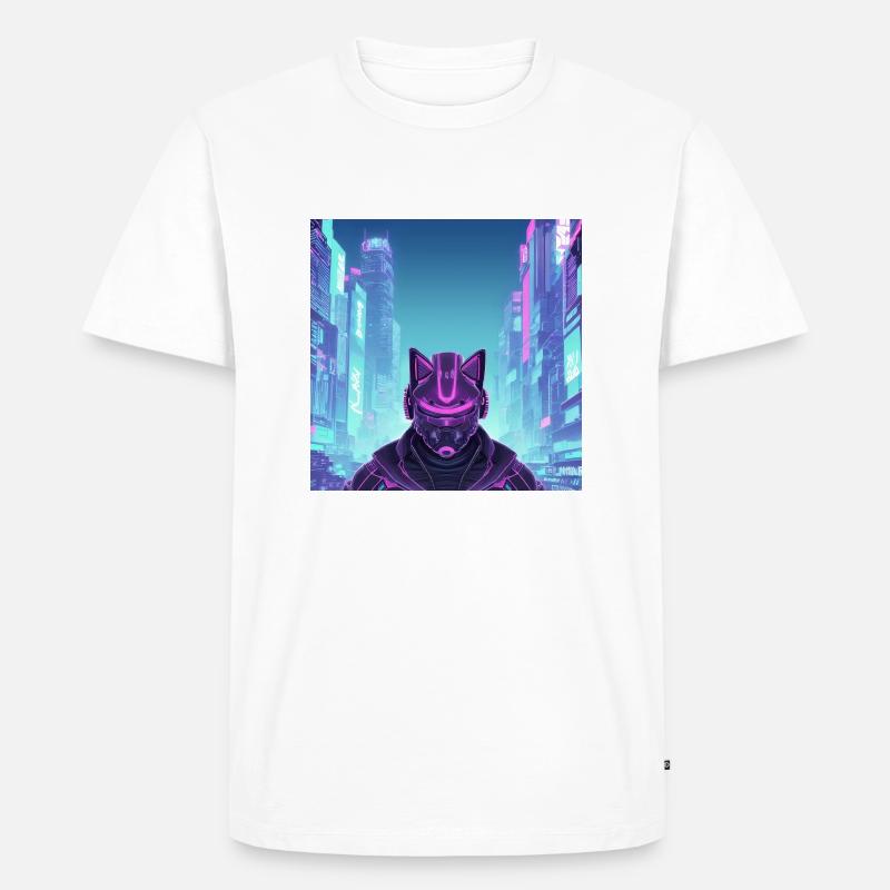 Synthwave Cyber Ninja Katze - Männer Premium Bio T-Shirt - Weiß
