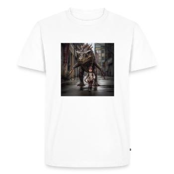 Unlikely Companinon - Girl and Dinosaur on a Leash - Men's Premium Organic T-Shirt - white - Front - Nico (187cm)