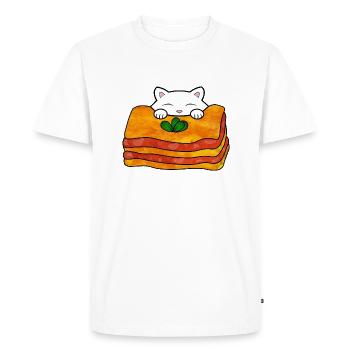 Cute white cat eating a delicious italian food - Men's Premium Organic T-Shirt - white - Front - Nico (187cm)