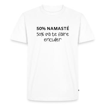 50% namasté 50% va te faire enculer - T-shirt Premium bio Homme - blanc - Devant - Nico (187cm)