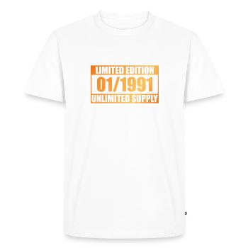 Édition Limitée 33ème Anniversaire - ꝏ Fourniture 01/1991 - T-shirt Premium bio Homme - blanc - Devant - Nico (187cm)