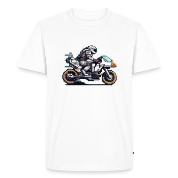 An astronaut rides an 8 bit motorcycle of the future - Men's Premium Organic T-Shirt - white - Front - Nico (187cm)