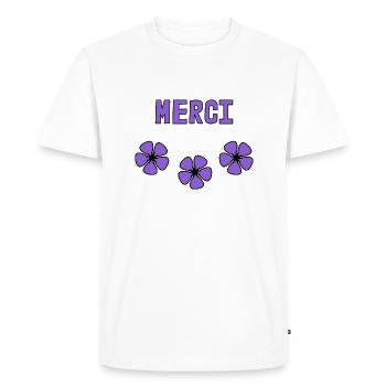 MERCI. THANKS. THANK YOU. ANNIVERSAIRE. NAISSANCE. - T-shirt Premium bio Homme - blanc - Devant - Nico (187cm)
