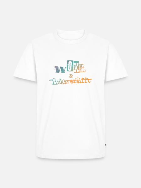 Selbstironie: WOKE & linksversifft - Männer Premium Bio T-Shirt - Weiß