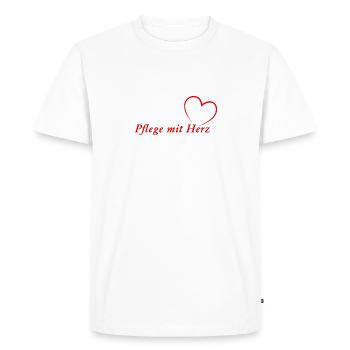 Pflege mit HERZ - Männer Premium Bio T-Shirt - Weiß - Vorne - Nico (187cm)