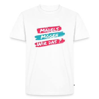 Les filles, est-ce qu’on aime ça ? Drôle de dicton d’un clic - T-shirt Premium bio Homme - blanc - Devant - Nico (187cm)
