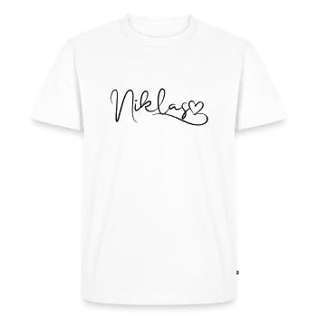 Niklas surname First name Heart décor - Men's Premium Organic T-Shirt - white - Front - Nico (187cm)