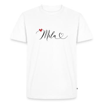 Mila Surname First name Calligraphy Heart - Men's Premium Organic T-Shirt - white - Front - Nico (187cm)