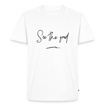 Voir le bien - Heureux et satisfait - T-shirt Premium bio Homme - blanc - Devant - Nico (187cm)