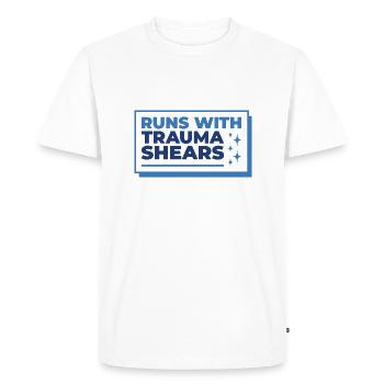 Runs With Trauma Shears - First Aid Gift - Men's Premium Organic T-Shirt - white - Front - Nico (187cm)