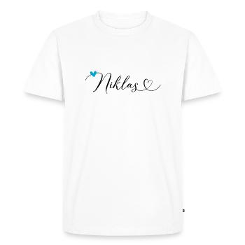 Niklas Last name First name Calligraphy heart - Men's Premium Organic T-Shirt - white - Front - Nico (187cm)