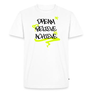 "Dream Believe Achieve" Graffiti with Heart, Crown - Men's Premium Organic T-Shirt - white - Front - Nico (187cm)