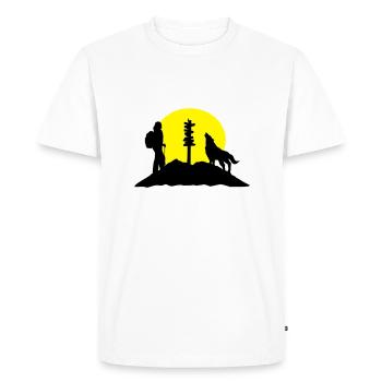 Hiking woman, wolf and mountains - T-shirt Premium bio Homme - blanc - Devant - Nico (187cm)