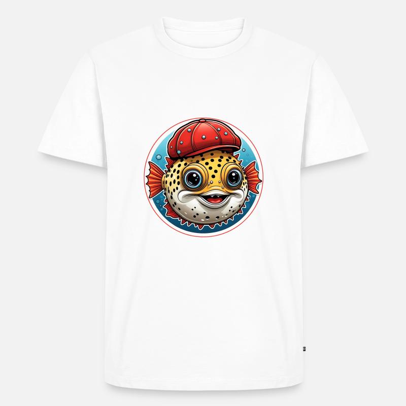 Lustiger Kugelfisch mit roter Basecap - Männer Premium Bio T-Shirt - Weiß